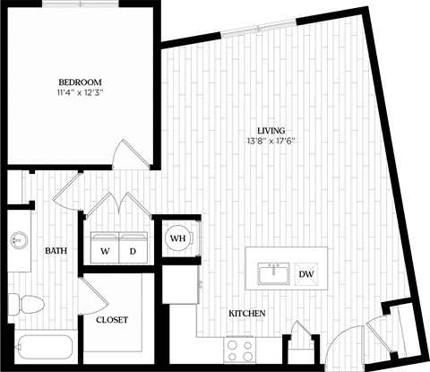 Floor plan for 1 bed, 1 bath, 827 sqft